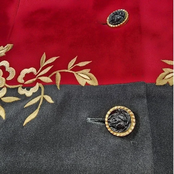 Vintage R&K Originals Pant Suit Womens 12 Black Burgundy Gold Embroidered Sueded - Picture 3 of 16